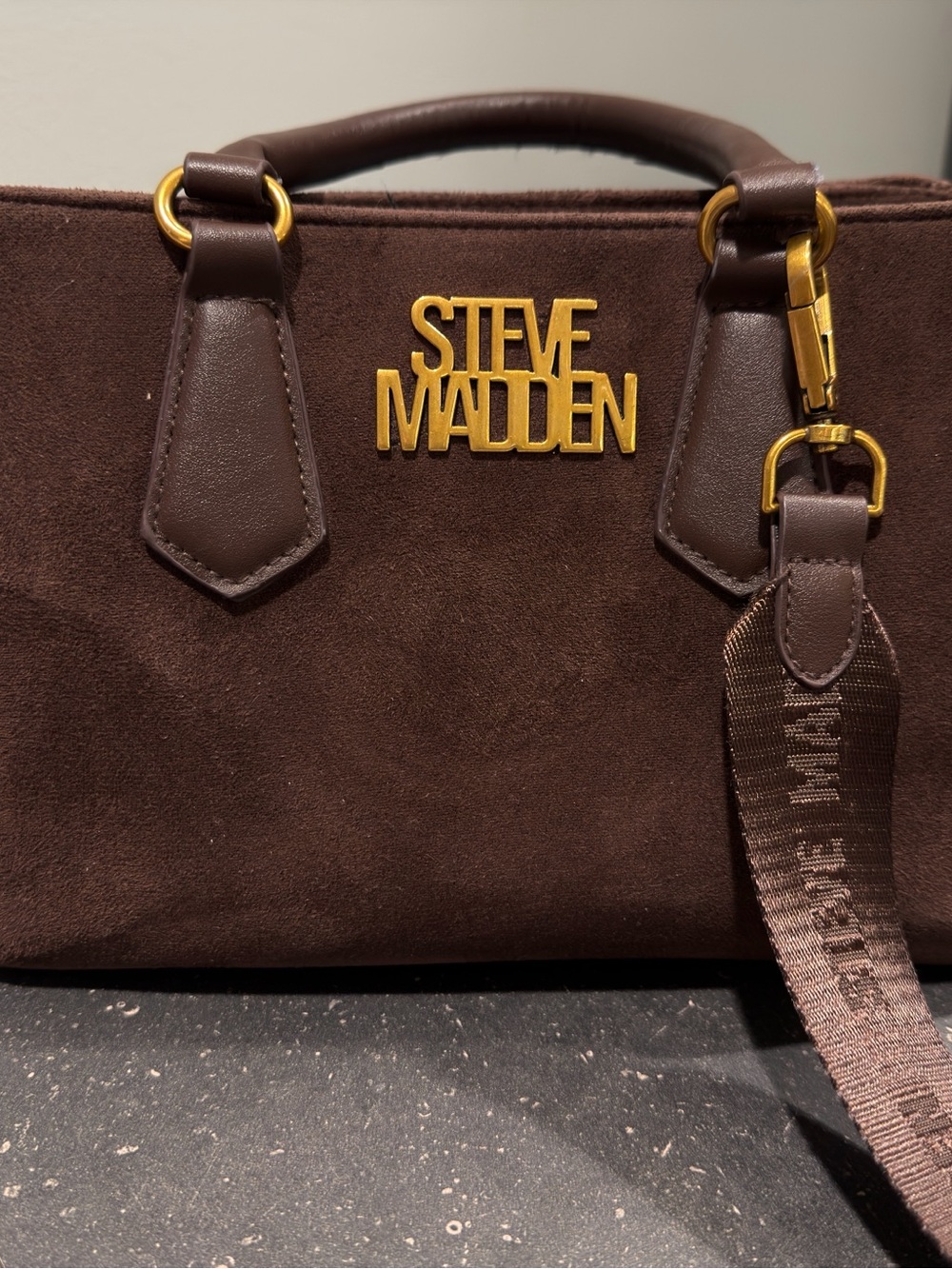 Steve Madden Chocolate Brown Suede Tote with Gold Logo